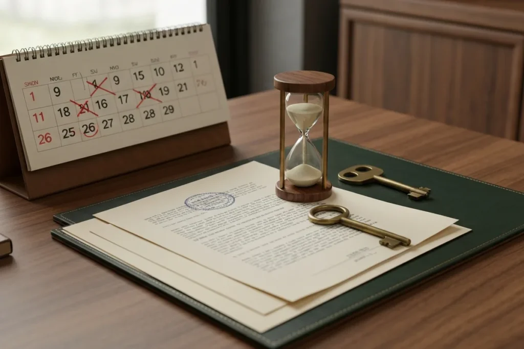 Calendario con plazos marcados, reloj de arena y contrato de arrendamiento sobre escritorio de despacho de abogados